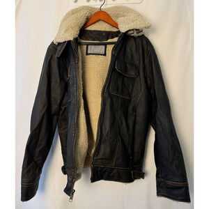 WILSON LEATHER Jacket Mens XL Brown Bomber Hooded Fleece lined Y2K Dad Motorbike